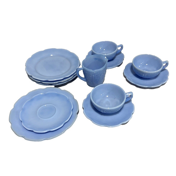 Delphite Blue Jeannette Child's Tea Set Cups Saucers Creamer Plates Lot 12 PCS - Picture 15 of 15